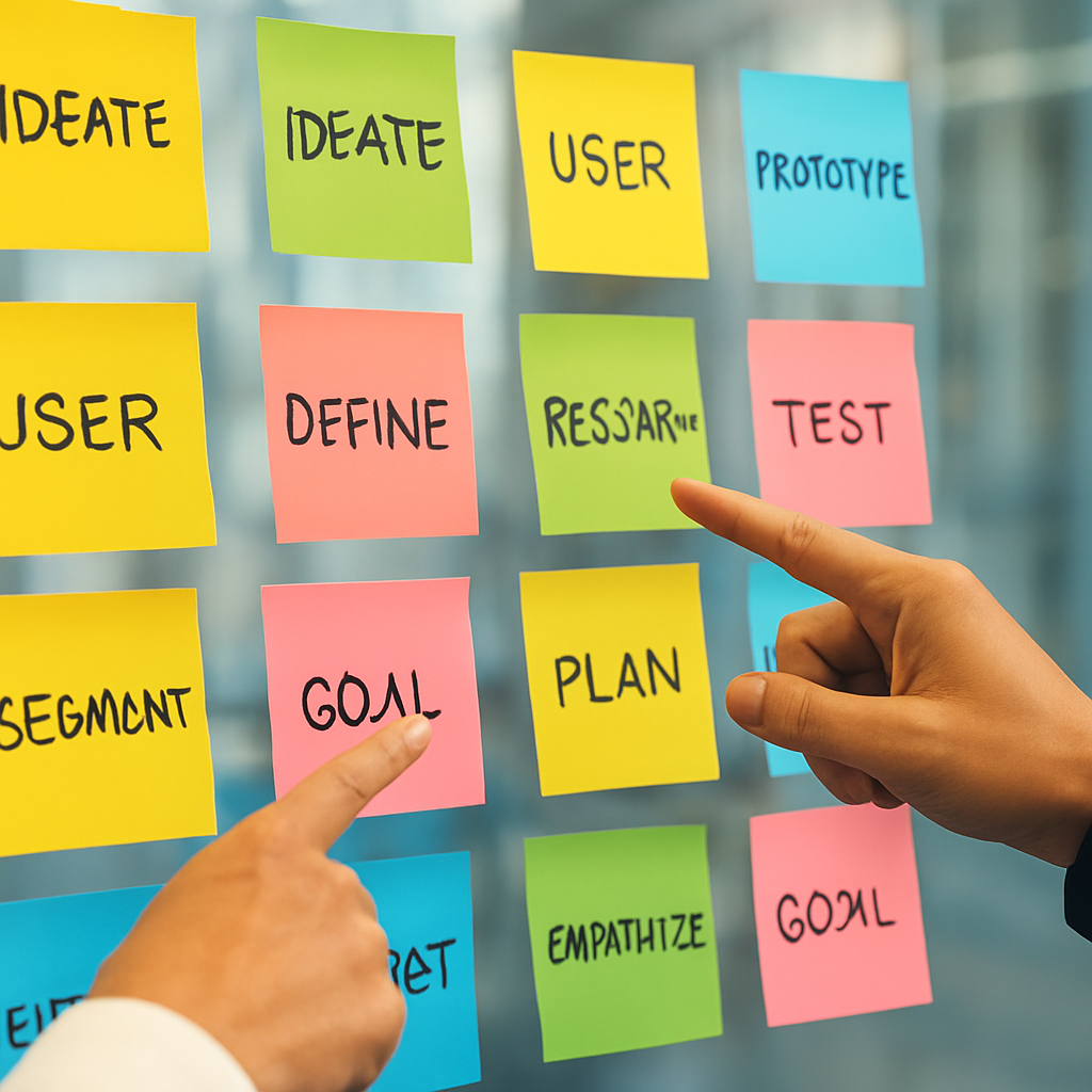 Colorful sticky notes on a wall during a design thinking workshop